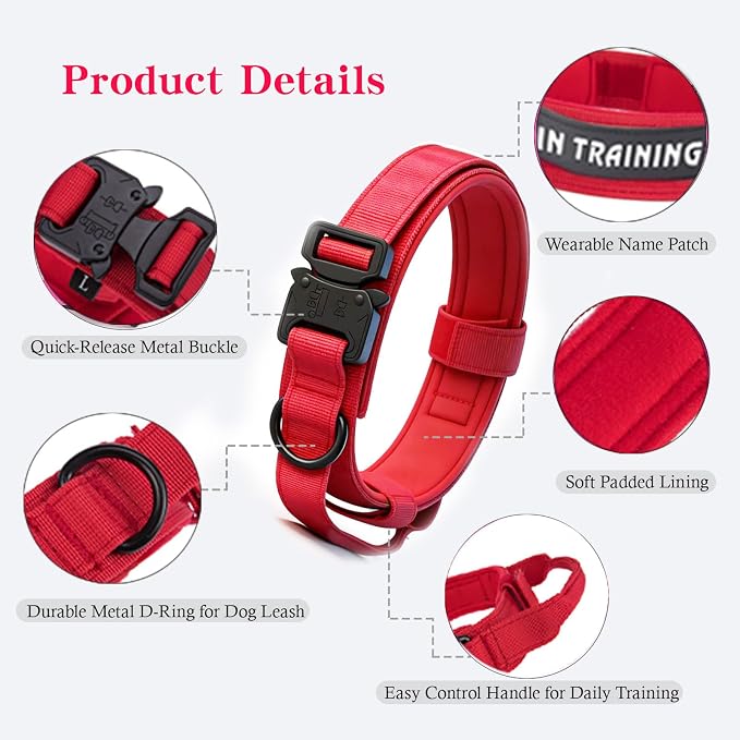 Tactical Dog Collar Adjustable Military Nylon Dog Collar with Control Handle and Heavy Duty Metal Buckle for Medium and Large Dogs (Red,XL)