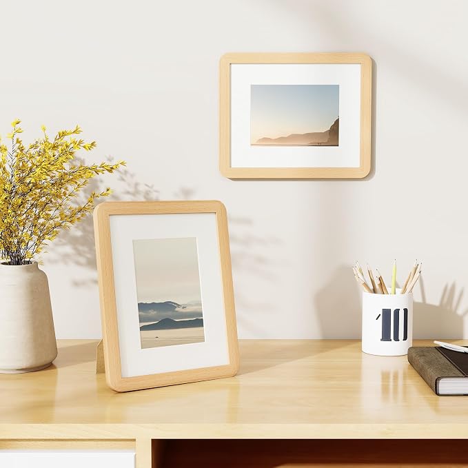 Fun Memories 8x10 Picture Frame - Solid Beech Wood Frame with Real Glass, 8x10 Photo Frame Matted to 5x7 for Wall & Tabletop Display, Natural Beech