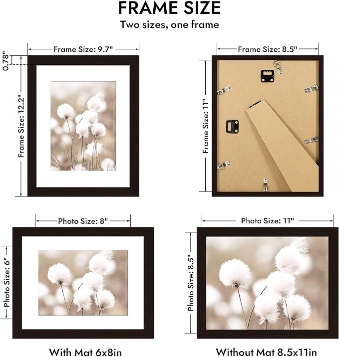Hongkee 8.5x11 Oak Wood Picture Frame 1 Pack(Matted 6x8), Real Glass Cover | Black, 8.5 x 11 Solid Wood Frame for Wall or Tabletop Display - Includes Easel Back, Vertical Hang - Ideal for Home, Office