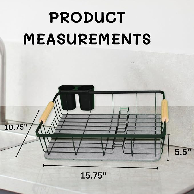 Dish Drying Rack with Stone Drying Mat - Dish Strainers for Kitchen Counter - Quick Absorption, Space Saving, Stainless Steel - Diatomaceous Earth Dish Drying Mat with Cutlery Holder