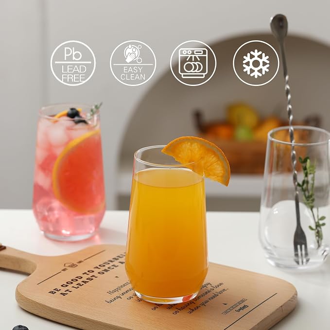 Wlasss Drinking Glasses Set of 4, 16.4 oz Clear Glass Tumbler, Water Glasses for Beer, Juice, Mojito, Iced Tea, Dishwasher Safe Glassware,Gifts