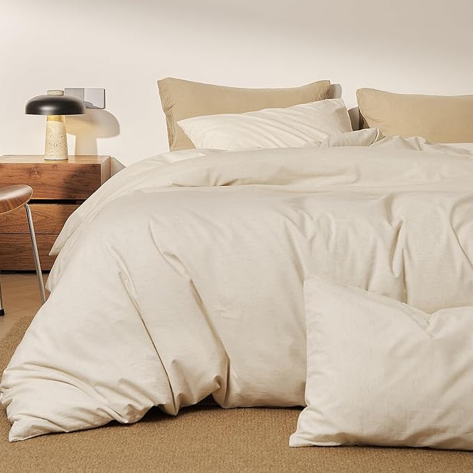 mixinni 3 Piece Washed Cotton Linen Blend Duvet Cover Set Queen Size, Soft Breathable Farmhouse Beige Neutral Solid Duvet Cover with Natural Linen Texture, 90x90 inches with 2 Pillowcases