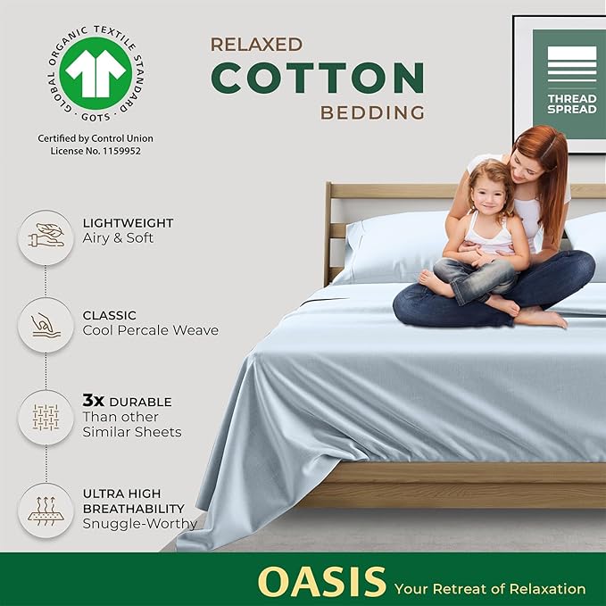 THREAD SPREAD 100% Organic Cotton Sheets Queen Size - 4 PC Organic Cotton Queen Size Percale Weave Sheet Set, Soft, Cooling, Crisp & Breathable, 16" Deep Pocket Hotel Quality Bedding Set - Light Blue