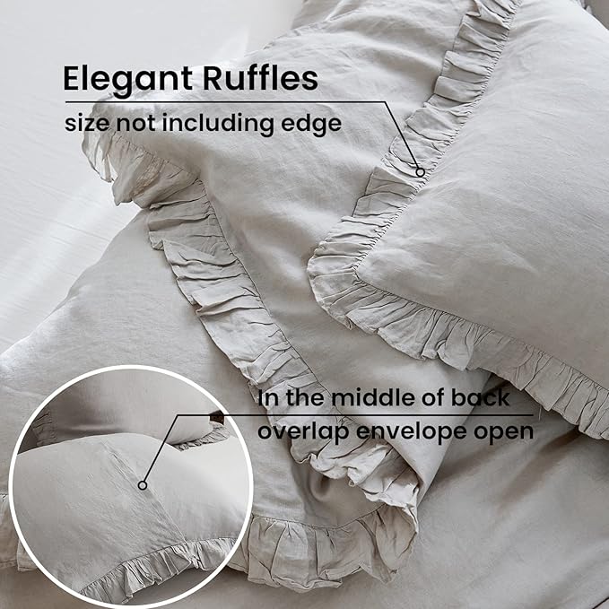 100% French Linen Euro Shams with Ruffles - Set of 2 - Washed Solid Color Natural Flax Soft Breathable Pillow Covers - Grey, 26'' x 26''
