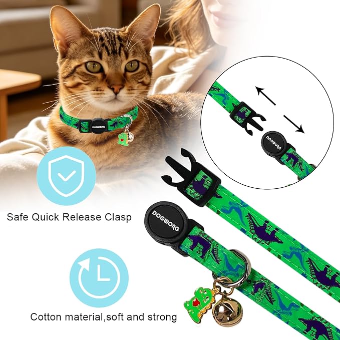 2 Pack Cotton Kitten Collars with Bells and Removable Charms, Cute Dinosaurs Collar for Indoor Boy, Girl and Adult Cats，Adjustable Kitten Collar 7-12 Inch