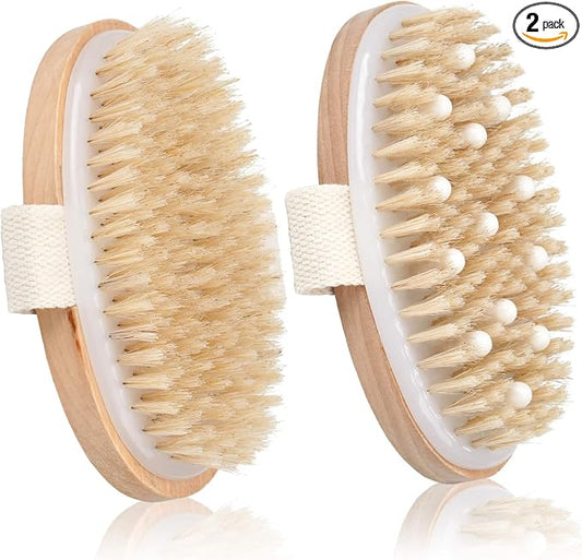 2 Pack Dry Brushing Body Brush, Natural Bristle Exfoliating Brush with Massage Nodes, for Lymphatic Drainage and Improving Skin Health and Reduces Acne
