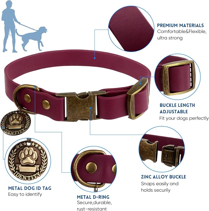 Wisedog Waterproof Dog Collar and Leash Set, XL, Burgundy | Adjustable Puppy Collar, Cute Tag, 6FT Dog Leash, Poop Bag Included, Small Medium Large Dogs