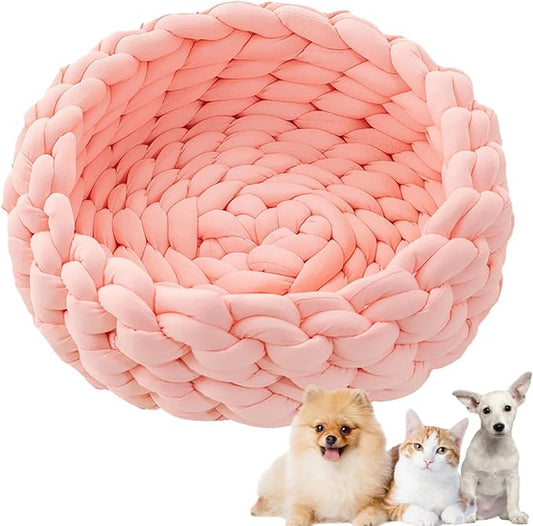 Woven Dog Bed Basket, Knitted Cotton Cat Bed Round Washable Woven Cat Pet Bed Chunky Dog Basket, Orthopedic, Chunky Knit Dog Nest,Dog Bed,Dog Cave,Dog Bedding(Pink,21")