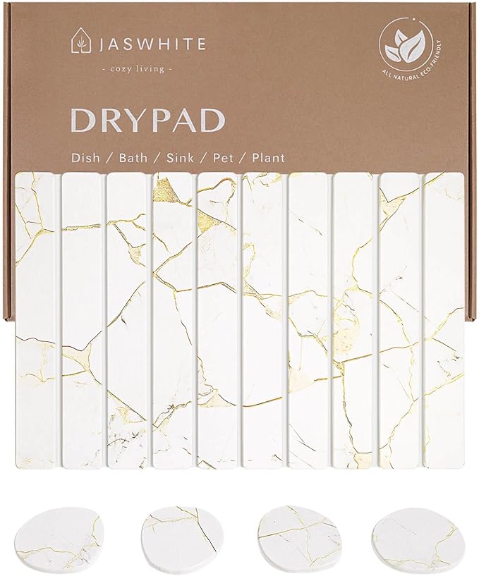 Stone Dish Drying Mat - Large Foldable Marbled Quick Drying Dish Mats With Stone Coasters Set of 4 Collapsible Ultra Absorbent Diatomaceous Earth Mats for Kitchen Counter Bathroom (White)