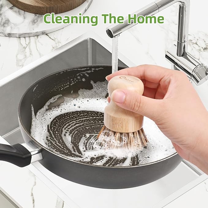 6 Packs Bamboo Dish Scrubber - Hard Bristle, Plastic Free Dish Brush Union Fiber and Tampico Fiber Bamboo Wok Brush for Washing Cast Iron Pan/Pot
