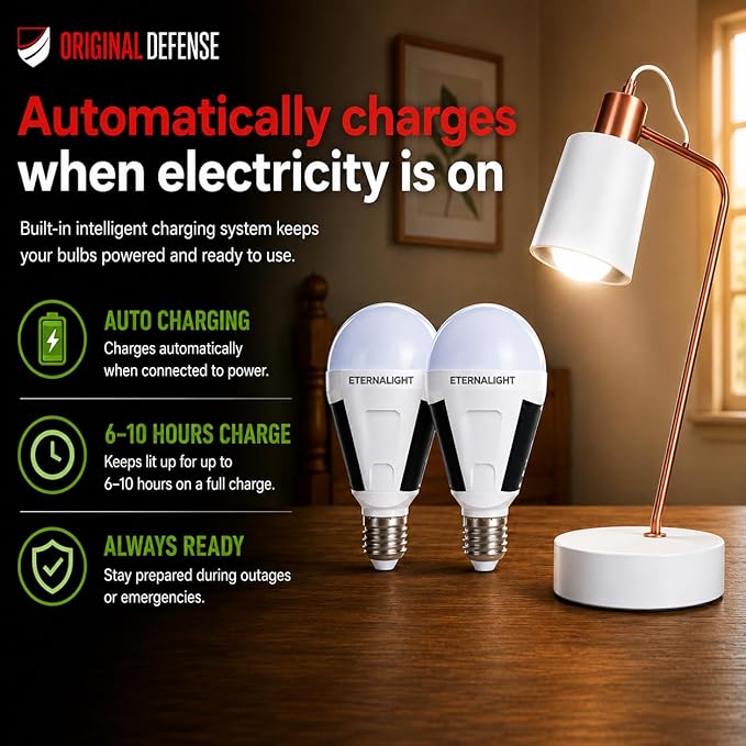 Original Defense EternaLight Rechargeable LED Bulbs (4 Count) - Emergency Light Bulbs with Battery Backup for Power Outages, Home, Camping, and Outdoor Activities - Solar Powered