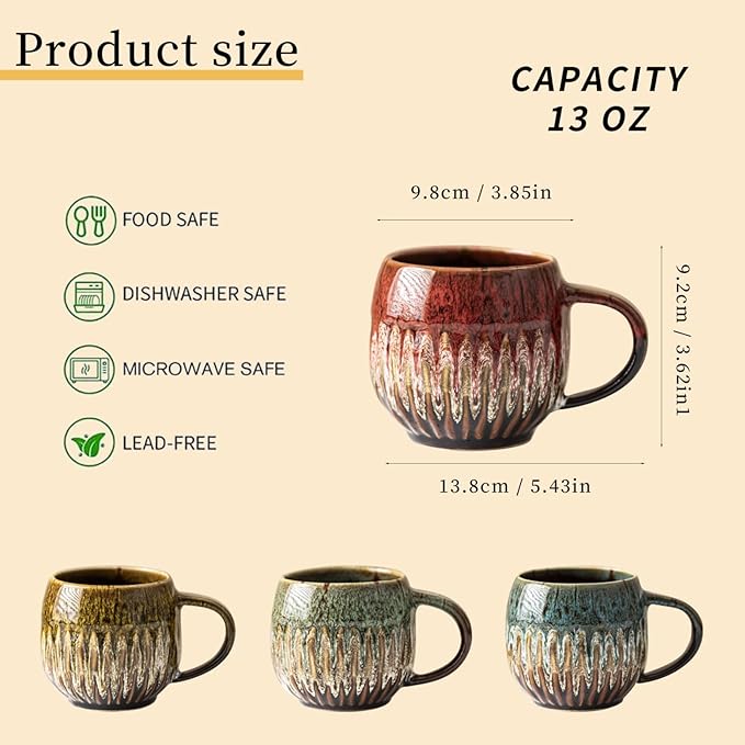 13oz Large Coffee Mug - Unique Handcrafted Look Ceramic Cup, Large Tea Mug, Microwave & Dishwasher Safe (red,Set of 4)