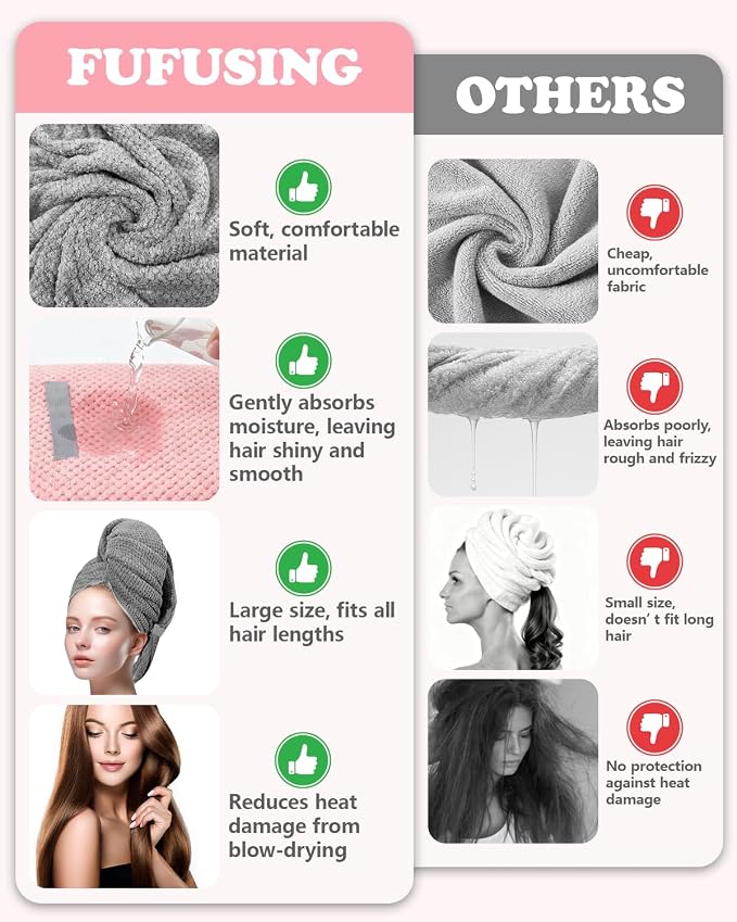 2-Pack Microfiber Hair Towel - 39" x 24" Super Soft, Absorbent Hair Towel Wrap for Women with Long, Thick & Curly Hair - Anti-Frizz Hair Care Turbans with Elastic Strap