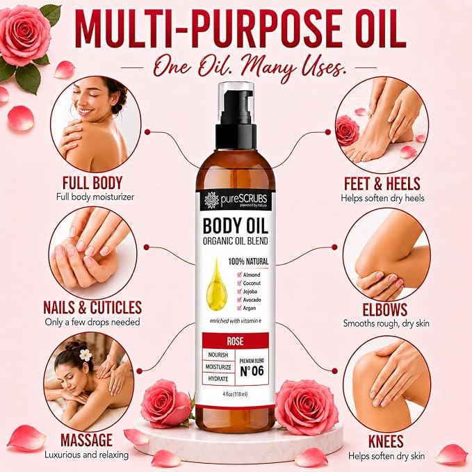 pureSCRUBS Ultra Moisturizing Rose Body Oil for Dry Skin, 4 oz | Luxurious After Shower Body Oil for Soft, Silky, Glowing Skin, Non-Greasy, Fast Absorbing & Hydrating Formula with Vitamin E