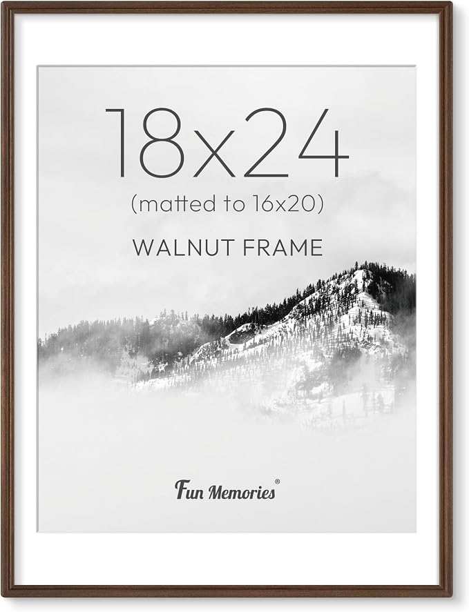 18x24 Picture Frame with Mat for 16x20, USA-Sourced Walnut Wood Handcrafted Rounded Corner with HD Tempered Glass, 18 x 24 Gallery Wall Frames for Posters & Art Prints, Vertically or Horizontally