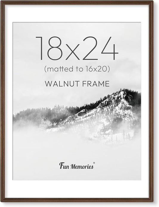 18x24 Picture Frame with Mat for 16x20, USA-Sourced Walnut Wood Handcrafted Rounded Corner with HD Tempered Glass, 18 x 24 Gallery Wall Frames for Posters & Art Prints, Vertically or Horizontally