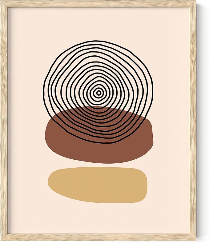 Boho Abstract Wall Art Minimalist Stacked Stones Circles Earth Tones Terracotta Mid Century Modern 16x20 Inch Oak Wood Beige Framed Zen Meditation Print for Living Room Office Decor