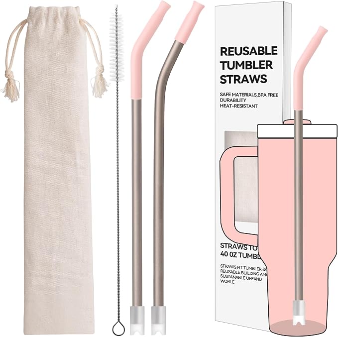 Heavy - Duty Titanium Straws12.2" Reusable for 40 oz Tumlbers | Metal Drinking Straws for All Kinds of Hot & Cold Drinks, Eco Conscious, BPA Free with Cleaning Brush(Light Pink)