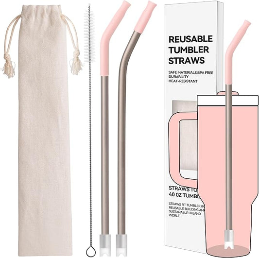 Heavy - Duty Titanium Straws12.2" Reusable for 40 oz Tumlbers | Metal Drinking Straws for All Kinds of Hot & Cold Drinks, Eco Conscious, BPA Free with Cleaning Brush(Light Pink)