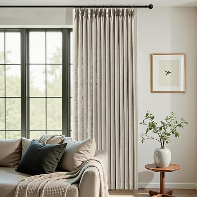 Pinch Pleated Linen Curtains Extra Wide 70 x 96 Inches Long for Living Room, Burlywood Birch Sheer Curtain Rustic Light Filtering Window Drapes Memory Trained Ceiling Curtain with Hooks, 1 Panel