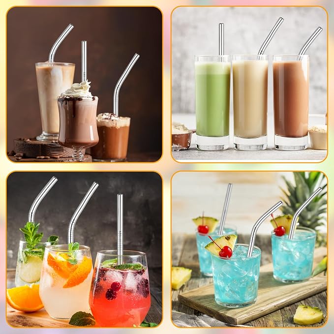 10-Pack Stainless Steel Smoothie Straws Reusable - 4 Straight and 4 Bent 5'' Straw with 2 Cleaning Brushes - 0.24'' Wide Metal Drinking Straws for Milkshake, Smoothie, Beverage