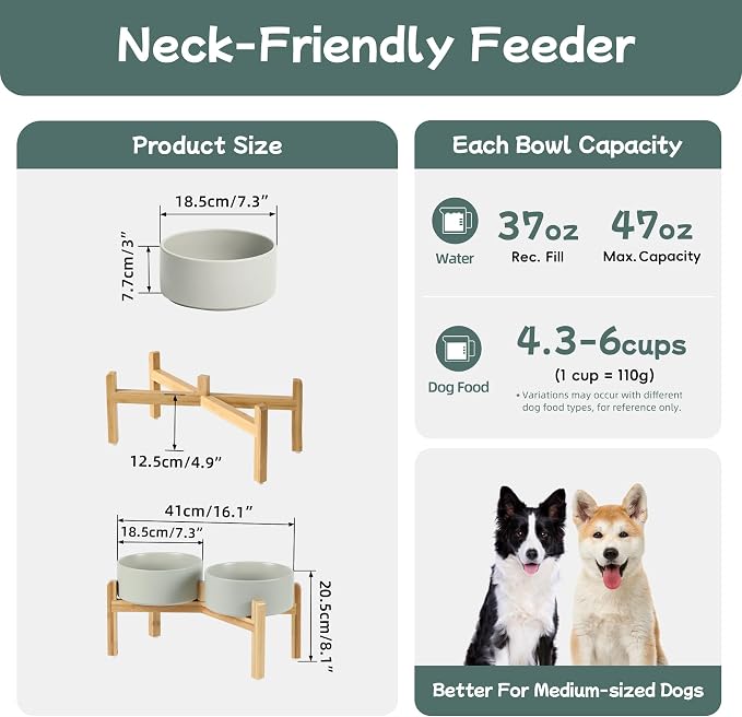 Havniva 7.3” Dog Bowls Elevated Ceramic Dog Food and Water Bowl Set, Double Raised Dog Water Bowl with Stand Non-Slip Rubber Base Large Capacity Feeding Pet Food Bowl for Medium Dogs