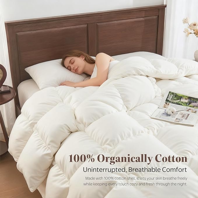 Goose Feather Down Fiber Comforter California King - 100% Organic Cotton Shell All Season Duvet Insert, Medium Warmth Hotel Luxury Bedding Comforter(104x96 Inch, White)