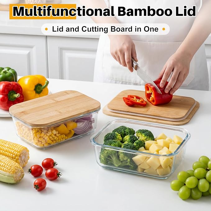 Blushtier 2 Pack 51 oz Borosilicate Glass Food Containers with Bamboo Lids, Stackable Glass Bowls for Meal Prep & Lunch, Microwave, Freezer and Dishwasher Safe