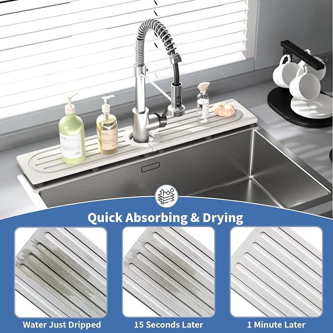 Lyxel Kitchen Faucet Mat, Quick Drying Diatomite Sink Faucet Mat Splash Guard for Kitchen, Water Absorbing Stone Tray for Sink, Absorbent Stone Drying Tray for Bathroom Counter