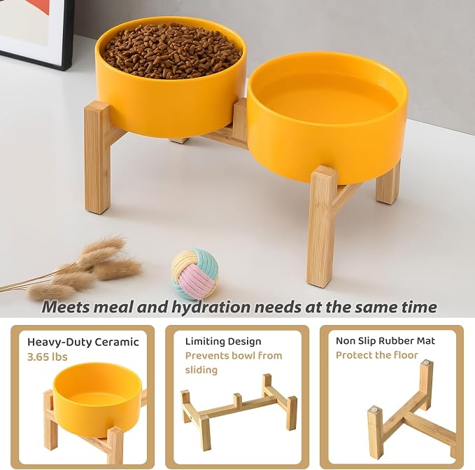 Raised Ceramic Dog Bowl Set - Elevated Dog Bowls with Non Slip Bamboo Stand, Food and Water Bowl Set for Small and Medium Breed Dogs, Pet Bowls, Weighted Dogs Dishes (6'', 2 * 30OZ, Yellow)