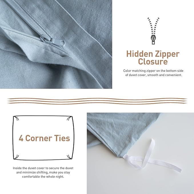BISELINA French Linen Duvet Cover Set 2pcs with Hidden Zipper Closure Natural Flax Cotton Blend Solid Color Soft Breathable Luxury Farmhouse Bedding - Twin Size, Dusty Blue
