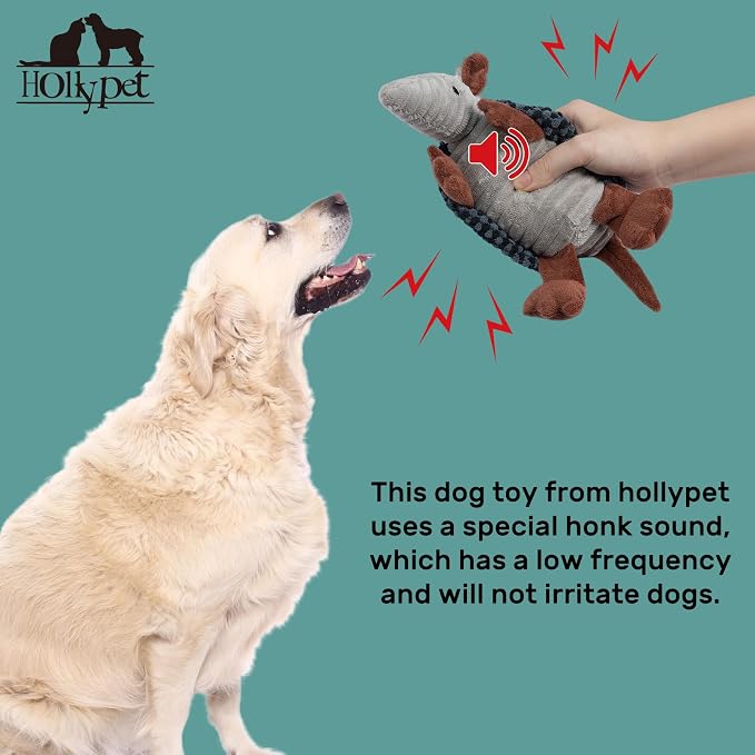 Hollypet Plush Dog Squeaky Toy Stuffed Armadillo Animal Pet Puppy Chew Toys with Clean Teeth for Small Medium Large All Breed Sizes Dogs, Dark Gray and Light Gray,8 in