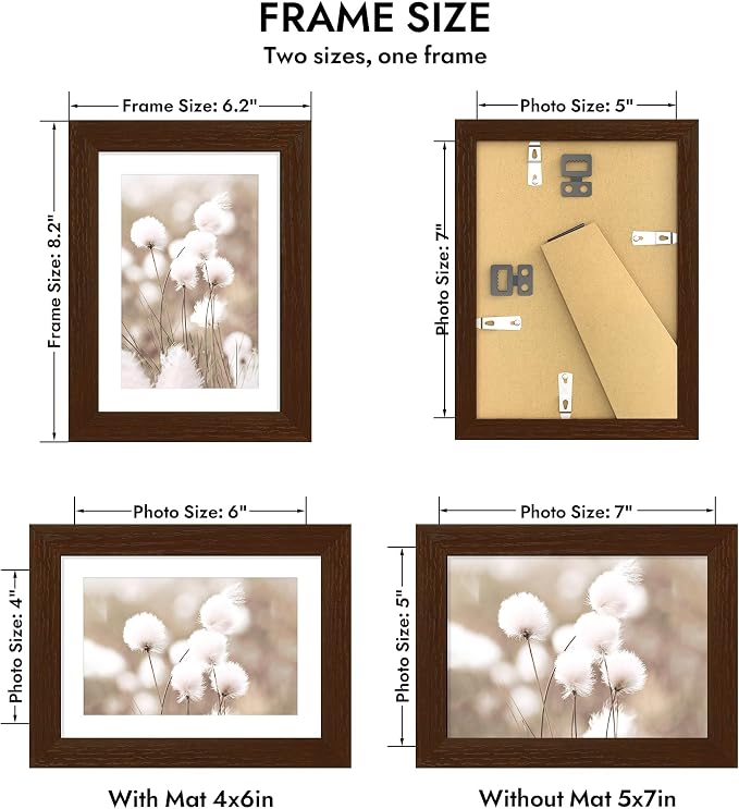Hongkee 5x7 Oak Wood Picture Frame, Display Photos 4 x 6 with Mat or 5 x 7 without Mat - Tempered Glass Cover, Horizontal and Vertical Display for Wall or Tabletop (Walnut, Set of 1)