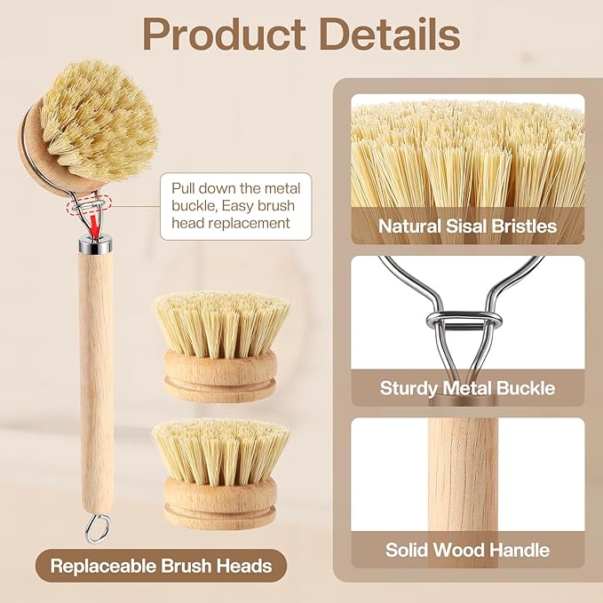 5 Pcs Bamboo Dish Brush Set Includes 1 Wooden Handle with 3 Natural Replaceable Bristle Heads and 1 Handheld Bamboo Wok Brush Scrubber for Dishes Pans Pots Fruit and Veggie Washing(Style B)