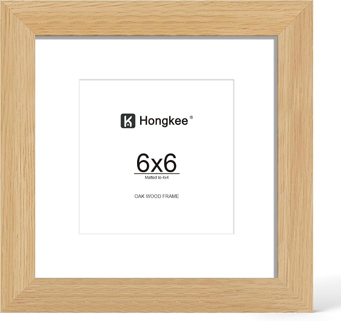 Hongkee 6x6 Oak Wood Picture Frame 1 Pack(Matted 4x4) with Real Glass Cover | Natural, 6 x 6 Solid Wood Frame for Wall or Tabletop Display - Includes Easel Back, Vertical Hang - Ideal for Home, Office