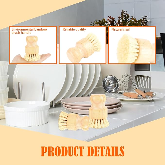 16 Pack Bamboo Dish Scrub Brushes Set Kitchen Pot Pans Cleaning Brushes Scrubber Sisal Bristles Wooden Brushes for Iron Pot Dishwashing Sink Vegetables