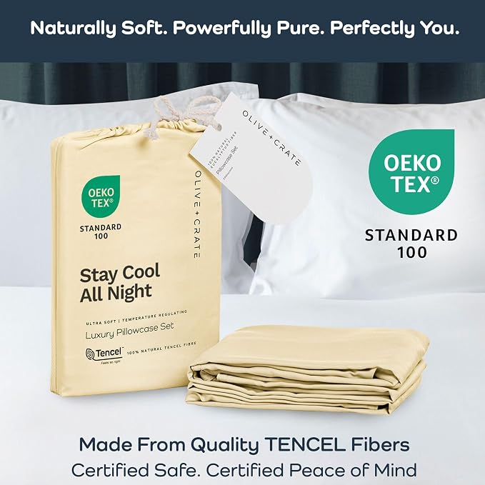 Olive + Crate Tencel Eucalyptus Pillowcases, 100% Tencel Lyocell Cooling Pillow Cases for Hot Sleepers, Hypoallergenic, Moisture-Wicking, Silk Alternative, Vegan, Standard Size Set of 2 [Butter Cream]