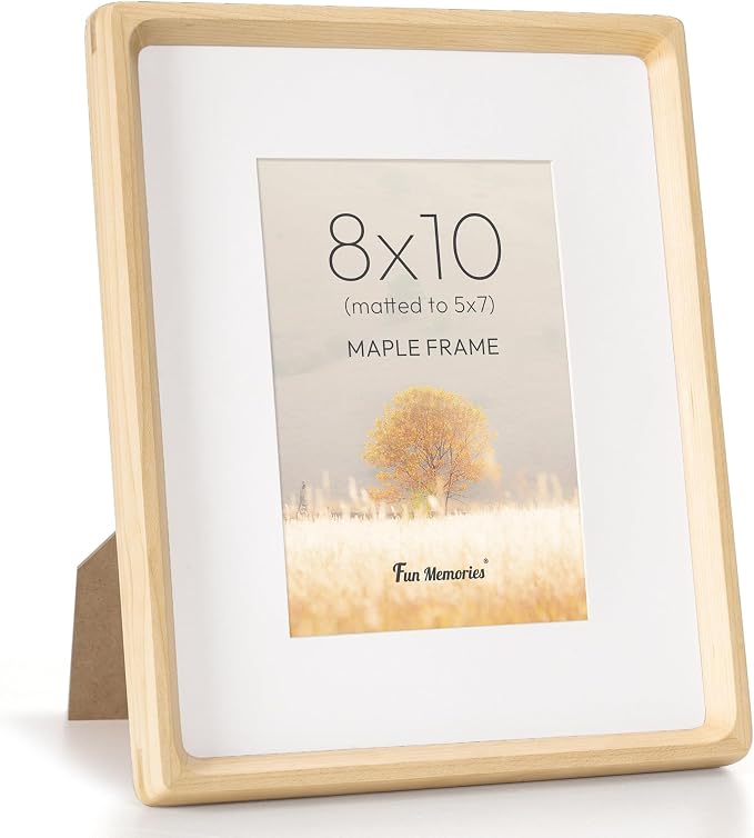 Fun Memories 8x10 Picture Frame, USA-Sourced Maple Wood Photo Frames with HD Tempered Glass, Handcrafted Rounded Corner 8 x 10 Wooden Frames Matted to 5x7 Photos, 8x10 Frame, Tabletop or Wall Display