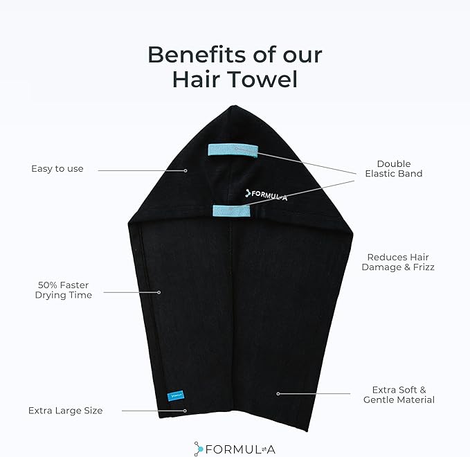 FORMUL-A Microfiber Hair Towel Wrap – Anti Frizz Towel - Fast Hair Drying Towel Wrap – Hair Care Products – Hair Plopping Wrap Towel – Hair Turban for Wet Hair – Super Absorbent (Black/Blue Straps)