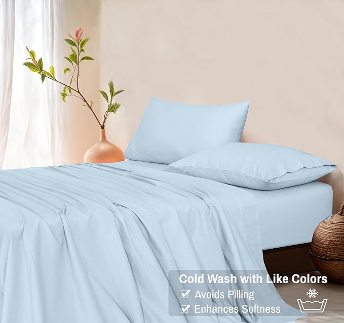 RUVANTI Flannel Sheets Queen Size - GOTS Certified 100% Organic Cotton, 4 Piece Warm, Soft & Breathable Set, Deep Pocket Snug Fit, Double Brushed Cozy All Season Bedding, Baby Blue