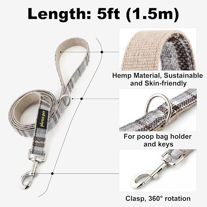 Plutus Pet Cotton Hemp Dog Collar and Leash Set, Adjustable Collar for Small, Medium, and Large Dogs, Heavy Duty and Soft on Skin, Gray Plaid, XS