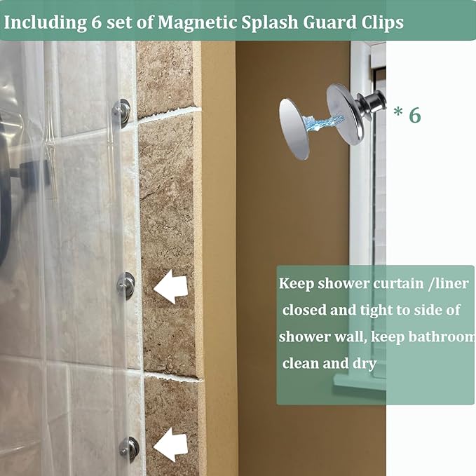 76 Inch Shower Curtain Liner with 6 Magnets & 6 Magnetic Curtain Clips, Heavy Duty Weighted Extra Long Clear Vinyl Shower Liner 72 x 76 for Bathroom