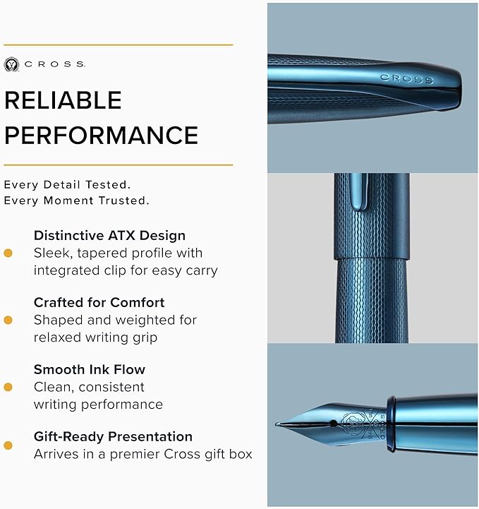 Cross ATX Sandblasted Dark Blue Stainless Steel Medium Nib Fountain Pen - Refillable Pen for Smooth Writing - Black Ink - Comfortable Grip - Long-Lasting - Professional Office Supplies