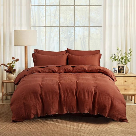 S VICTORY SYMBOL Pure Linen Duvet Cover Set 3pcs,Natural French Washed Flax Solid Color Soft Breathable (1 Duvet Cover and 2 Pillowcases) with Coconut Buttons Closure(Full,Burgundy)