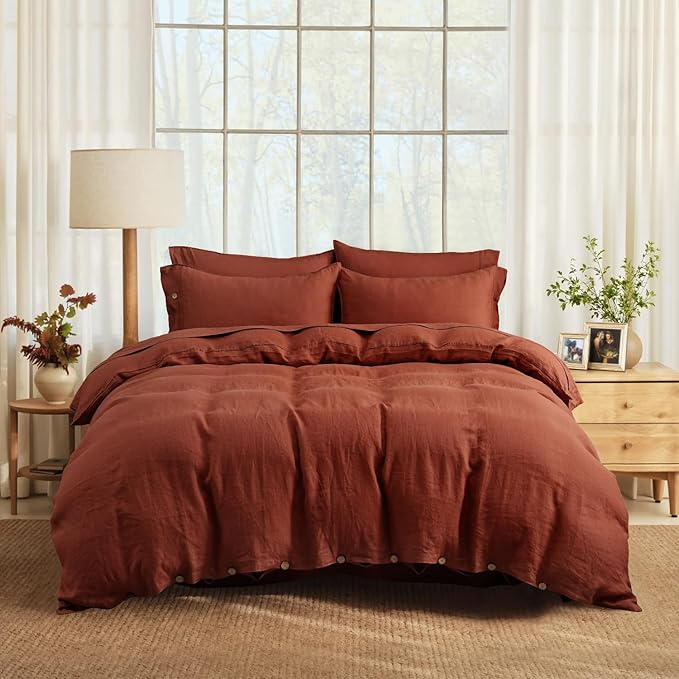 S VICTORY SYMBOL 100% Organic Linen Duvet Cover Set King Size 3pcs,Natural French Washed Flax Solid Color Soft Bedding(1 Duvet Cover and 2 Pillowcases) with Coconut Button Closure(Burgundy)