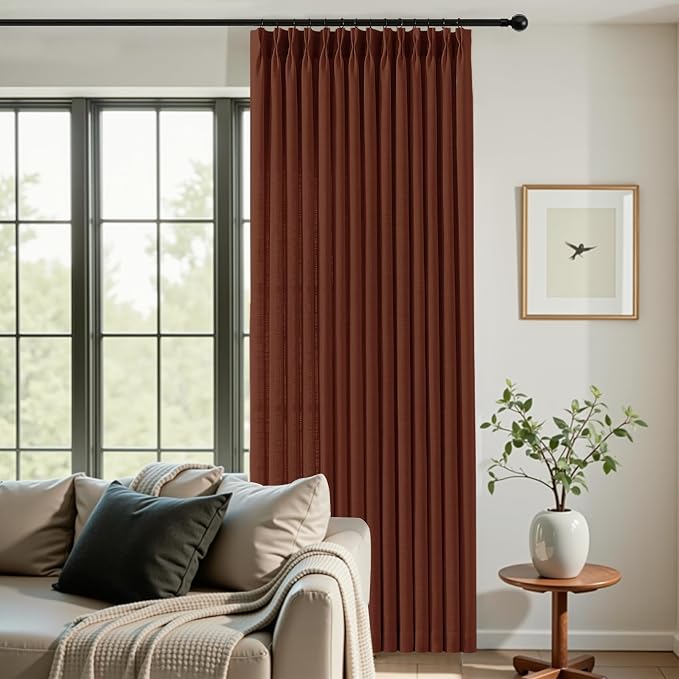 Pinch Pleated Linen Curtains 84 Inch Length 2 Panels Set, Light Filtering Linen Textured Sheer Drapes Memory Trained Pleated Curtain Back Tab for Bedroom Farmhouse with Hooks Rings, Chestnut Brown