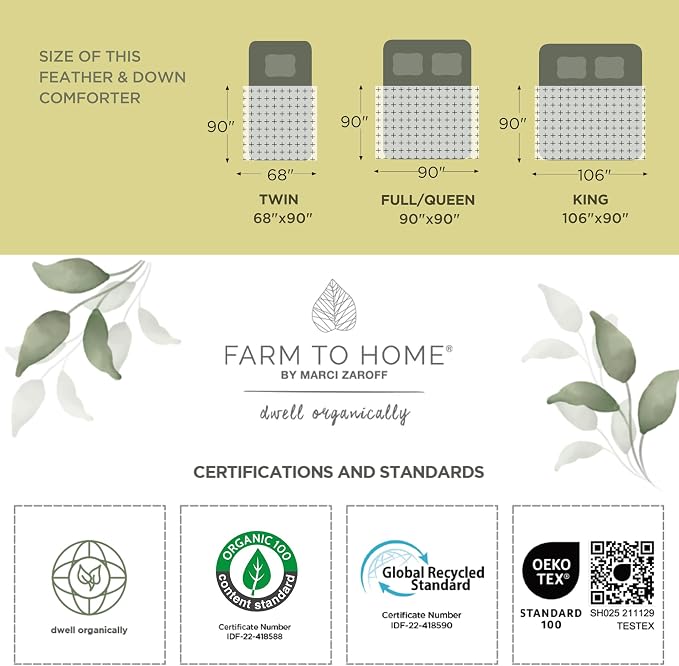 Farm To Home Organic Cotton Feather and Down Comforters Queen Size, 100% Organic Cotton Cover, All Seasons Duvet Insert, 4 Corner Tabs, Naturally Breathable White Bedding Comforters, 90"x90"