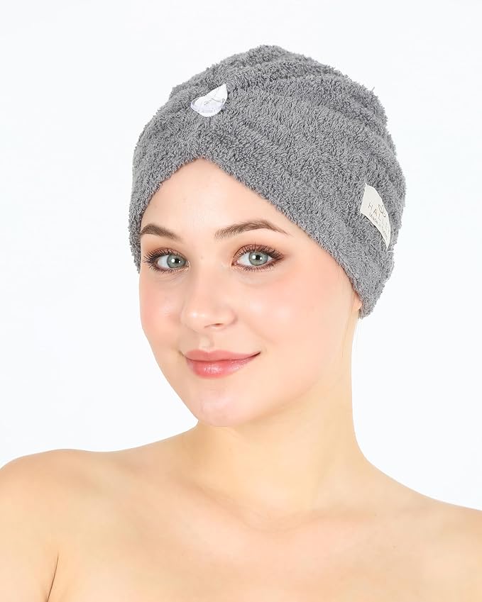 HALLEY Cotton Hair Towel Wrap (3 Packs) Super Absorbent Fast Drying Hair Towel for Thick Hair Turbans for Wet Hair with Button (Pink, Blue, Grey)