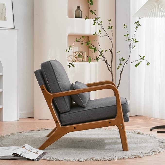 Karl home Mid-Century Modern Accent Reading Chair, Grey | Linen Upholstered, Solid Wood Frame, Soft Cushion, Lumbar Pillow, Lounge Armchair for Living Room, Bedroom, Balcony, Study