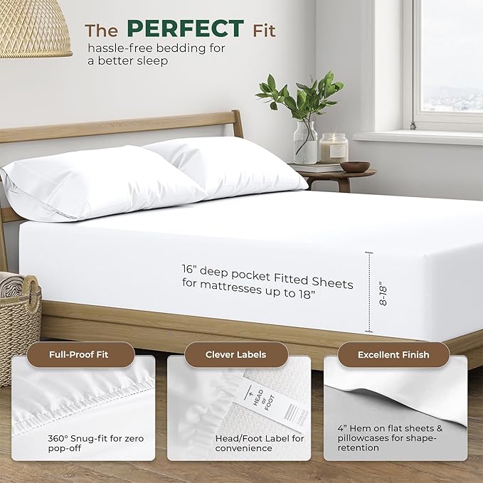 THREAD SPREAD 100% Organic Cotton Sheets Twin Size - 3 PC Organic Cotton Twin Size Percale Weave Sheet Set, Soft, Cooling, Crisp & Breathable, 16" Deep Pocket Bedding Set for Dorm Room - White